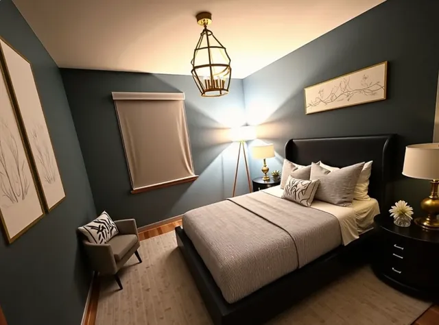 a bedroom with a bed mirror and window