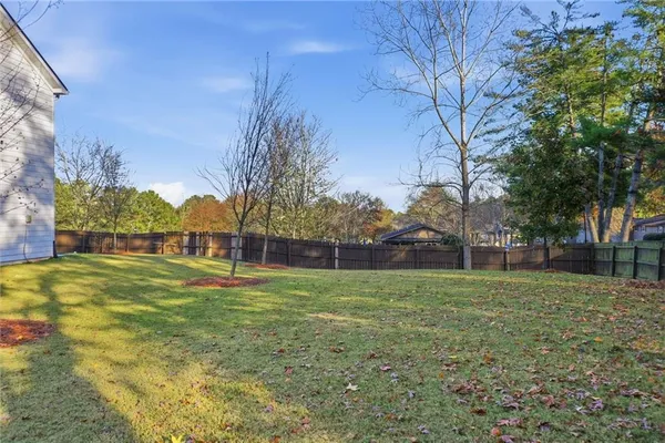 a view of a backyard with large trees