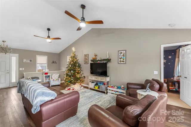a living room with furniture potted plant and a chandelier