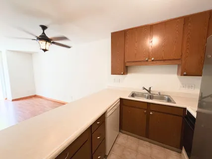 a kitchen with a sink cabinets and wooden floor
