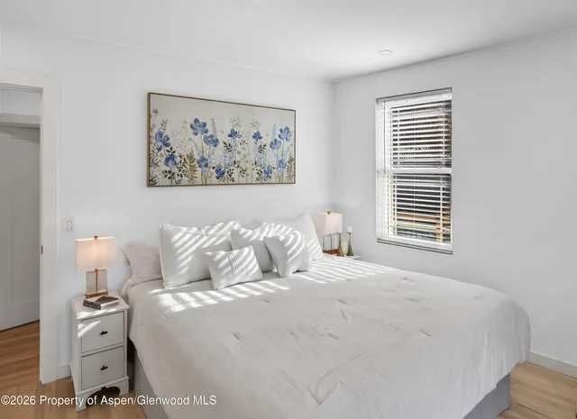 a bedroom with a bed and a window