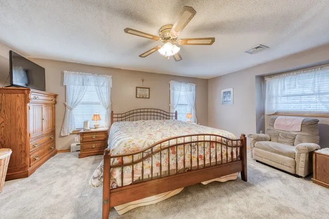 a bedroom with a bed and ceiling fan