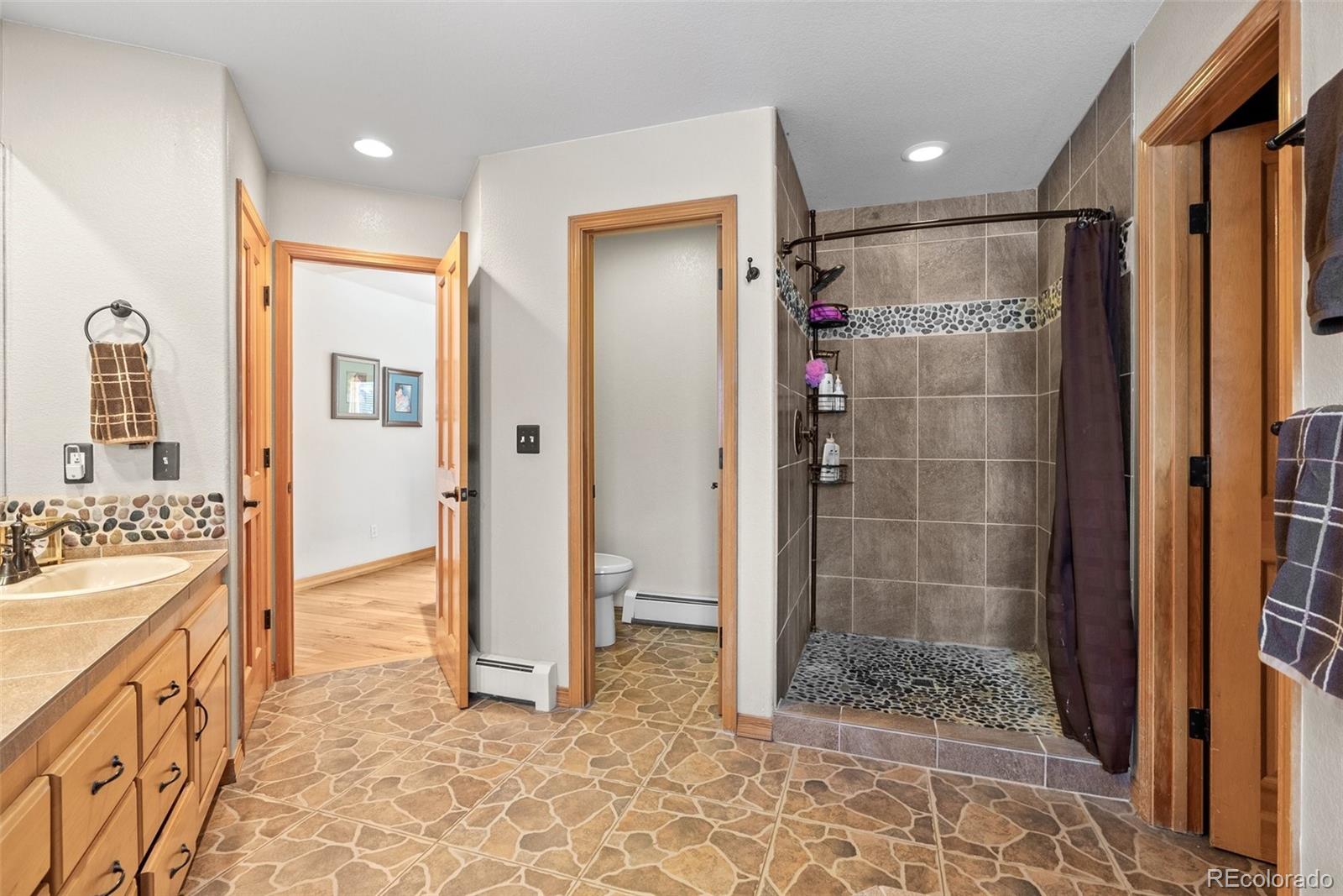 420 Stagecoach Boulevard Evergreen, CO 80439 - Photo 24 of 49 a bathroom with a glass shower door a sink and a mirror