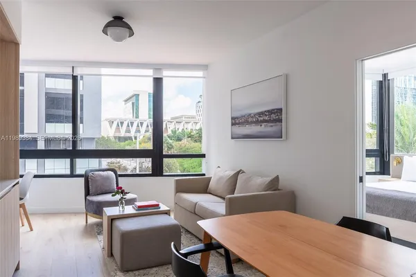 a living room with furniture and a large window