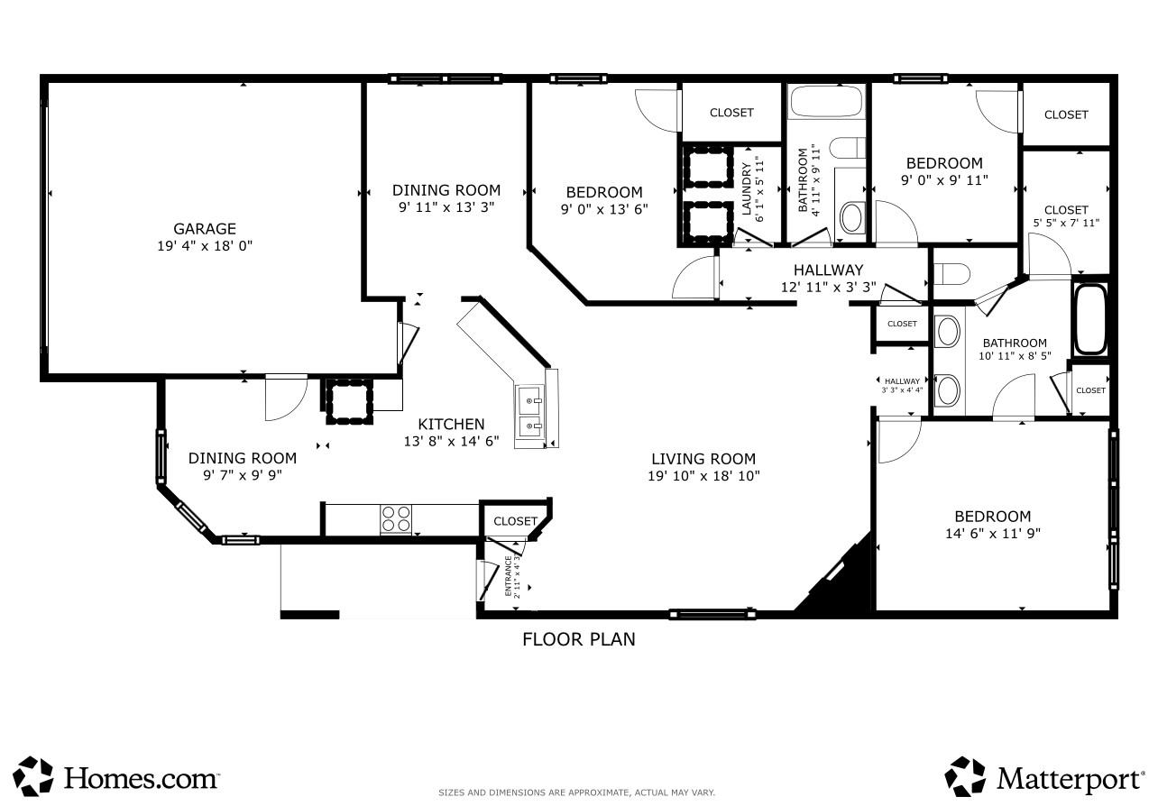11031 Bauer Elm Street Houston, TX 77044 - Photo 33 of 33 This floor plan features a spacious layout with three bedrooms, two bathrooms, and a large living room. The kitchen opens into a dining area and adjoins a secondary dining room. There's also a laundry room and a garage. The design offers ample closet space, making it practical for family living.