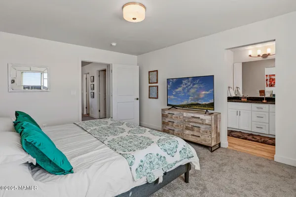 a bedroom with a bed and a flat screen tv