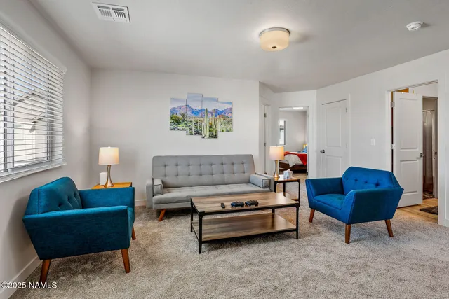 a living room with furniture and a potted plant
