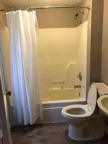 a bathroom with a toilet and a shower