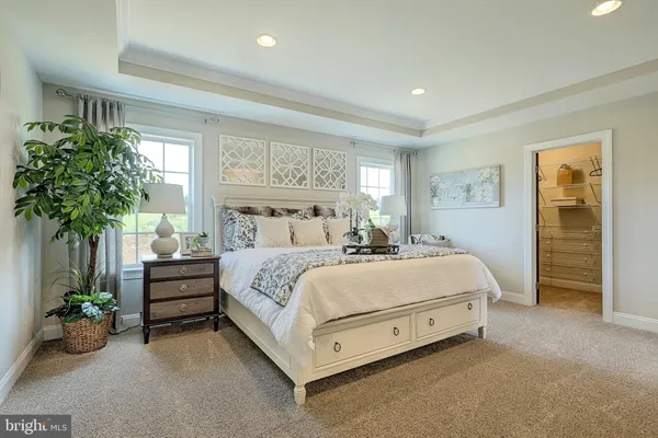 a spacious bedroom with a bed and a potted plant