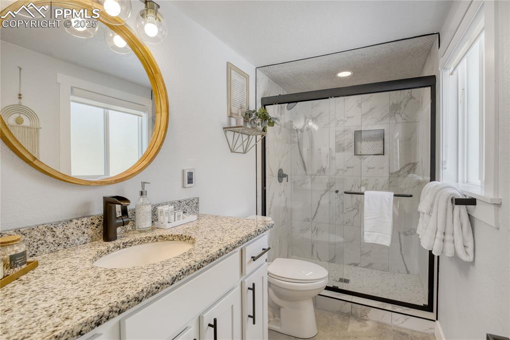 7101 Highway 50 Salida, CO 81201 - Photo 20 of 50 a bathroom with a granite countertop sink a toilet and a mirror