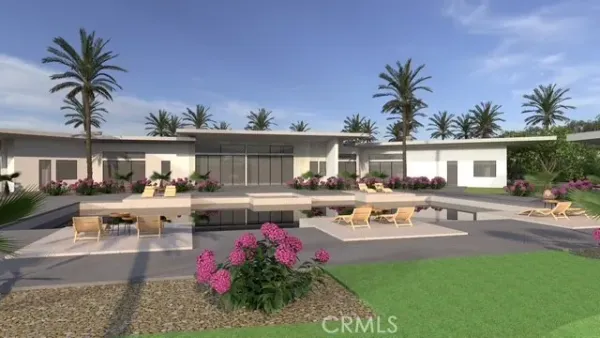 a view of a house with backyard sitting area and swimming pool