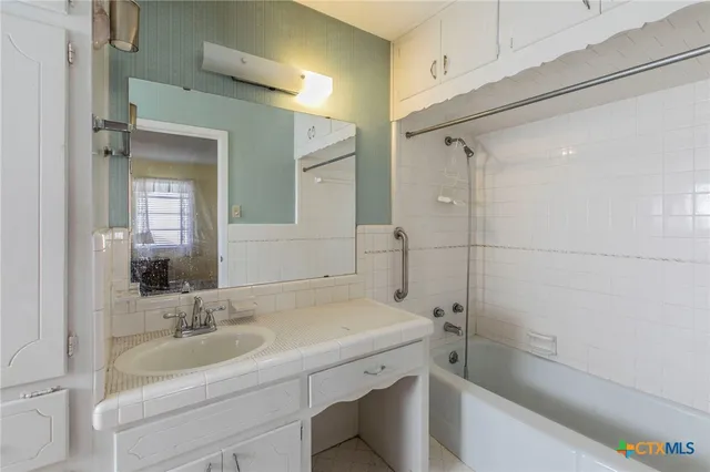 a bathroom with a sink and a mirror