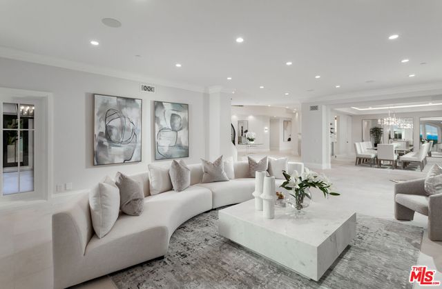 a living room with couches and a potted plant