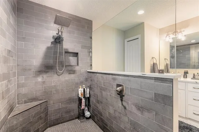 a bathroom with a shower a sink and a mirror