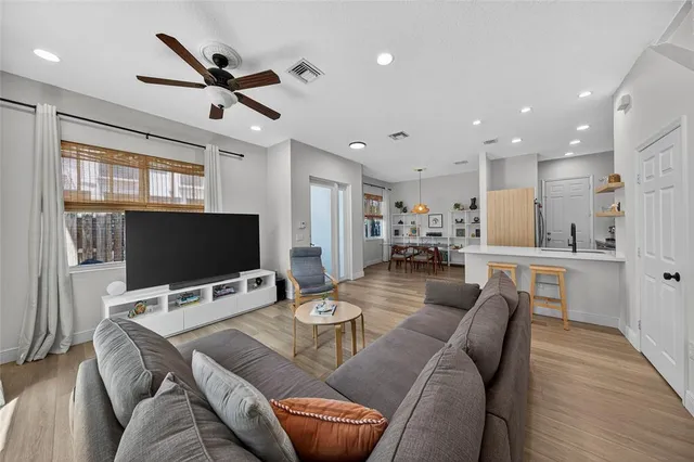 a view of a dining room with furniture