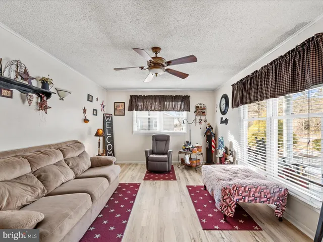 a living room with furniture ceiling fan and a window