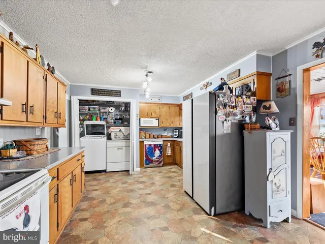 a view of a kitchen with fridge and workspace