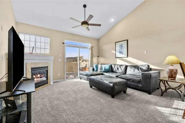 a living room with furniture a fireplace and a flat screen tv
