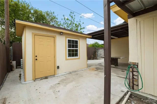 a outdoor space with lots of counter and shower