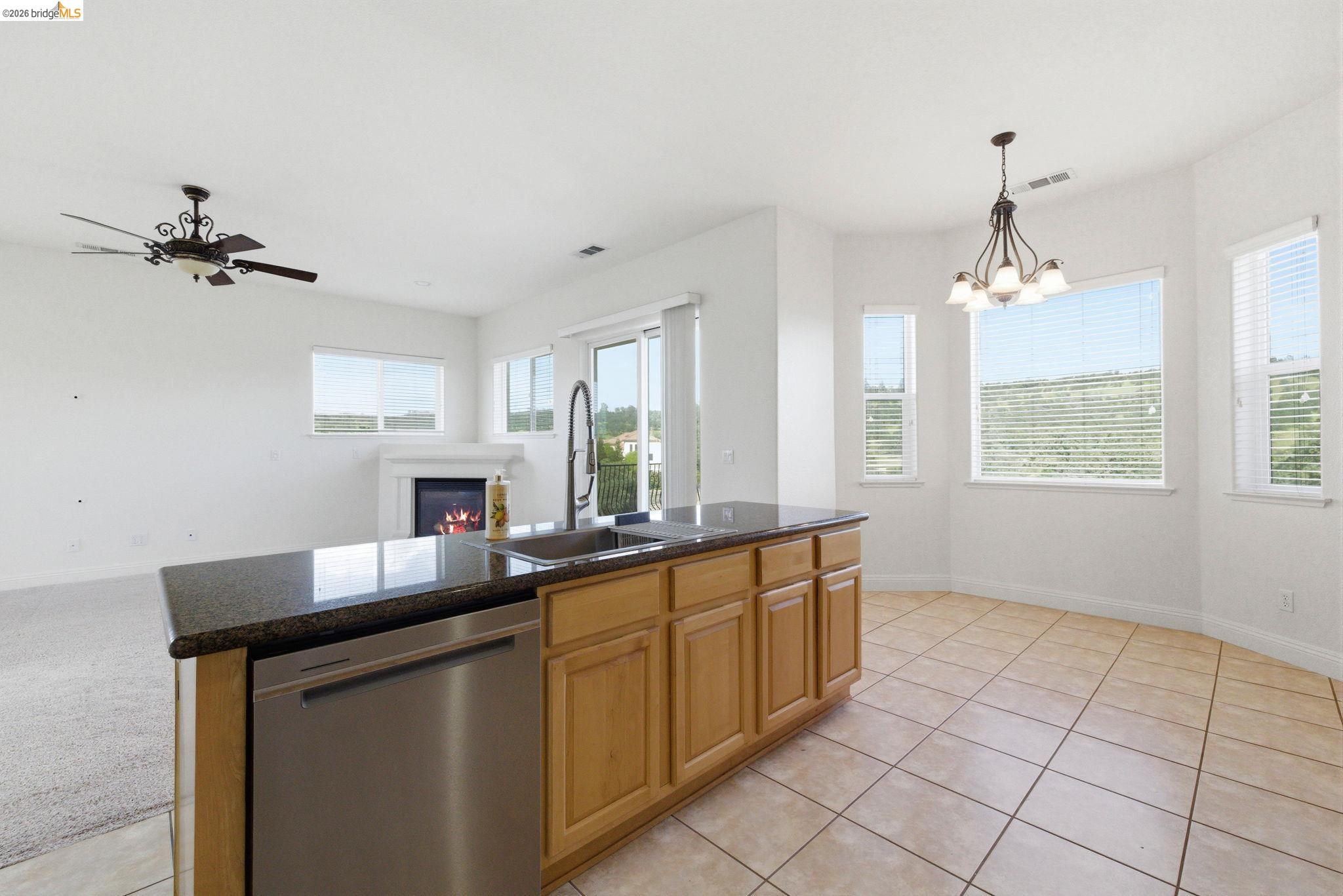 32 Apollo Lane Copperopolis, CA 95228 - Photo 58 of 58 Kitchen with dishwasher, a lit fireplace, open floor plan, a kitchen island with sink, and a ceiling fan