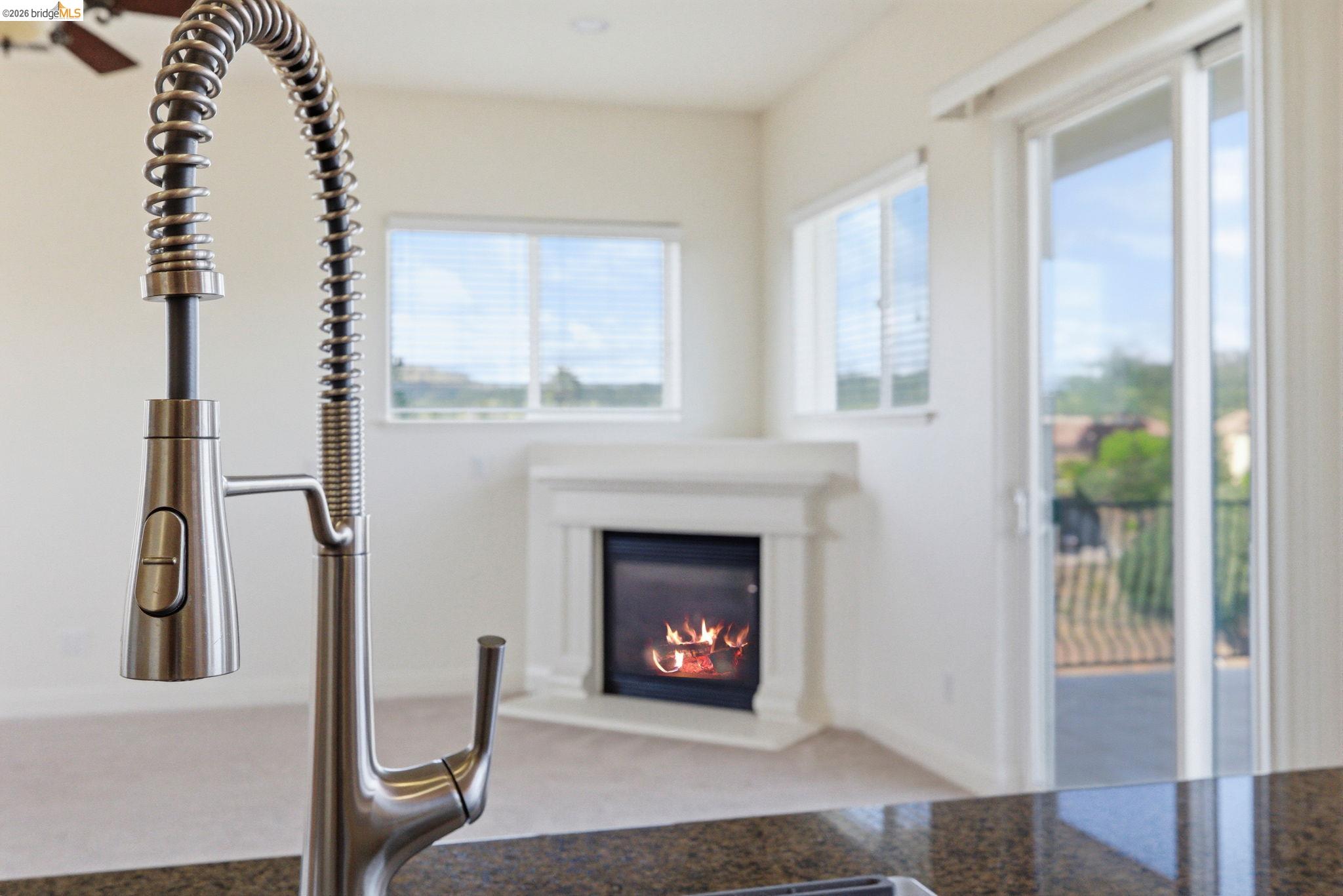 32 Apollo Lane Copperopolis, CA 95228 - Photo 18 of 58 Kitchen view of a glass covered fireplace, dark stone countertops, and light carpet