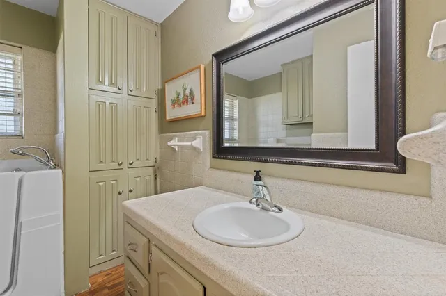 a bathroom with a sink and a mirror
