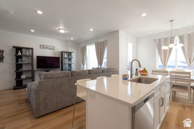 Open-concept living space featuring wood-finish flooring, recessed lighting, and a kitchen island with a built-in sink and stainless-steel dishwasher