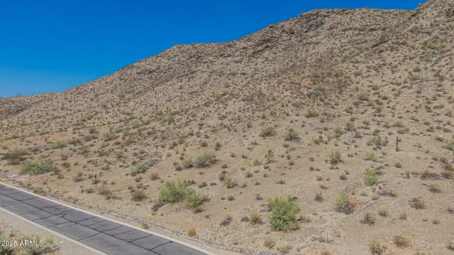 a view of a dry yard with a mountain