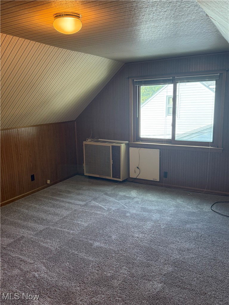 1284 Haverston Road Lyndhurst, OH 44124 - Photo 30 of 43 Additional living space with wooden walls, dark colored carpet, vaulted ceiling, and radiator heating unit