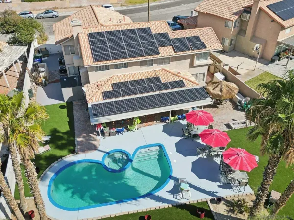 an aerial view of a swimming pool
