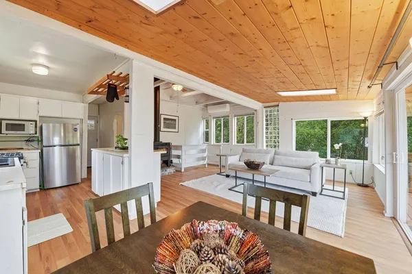 a living room with furniture fireplace and a table