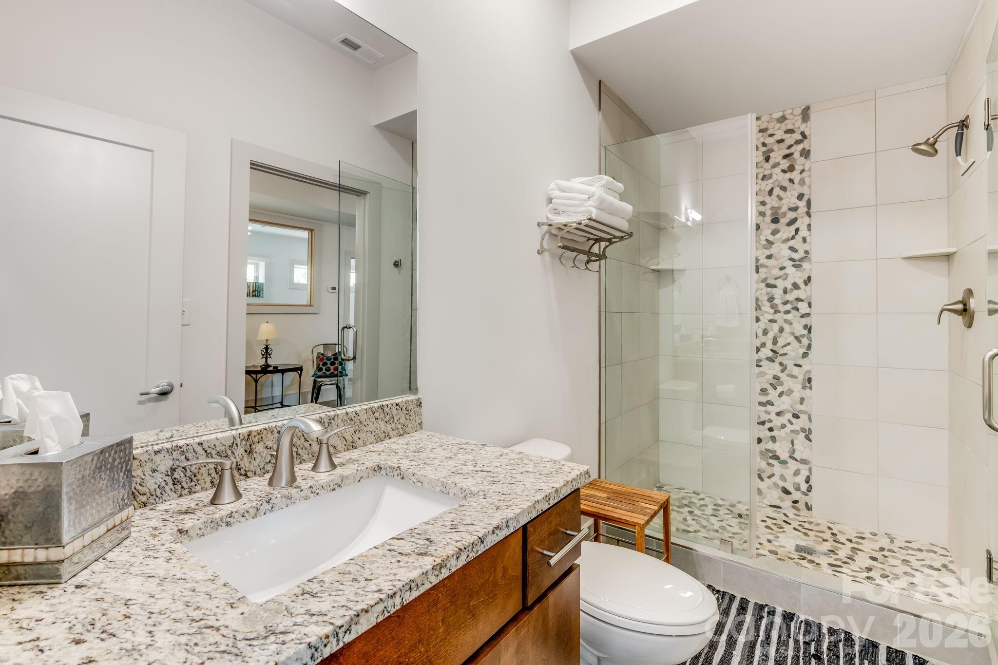 14 Sulphur Springs Road Asheville, NC 28806 - Photo 16 of 29 a bathroom with a granite countertop sink toilet mirror and shower