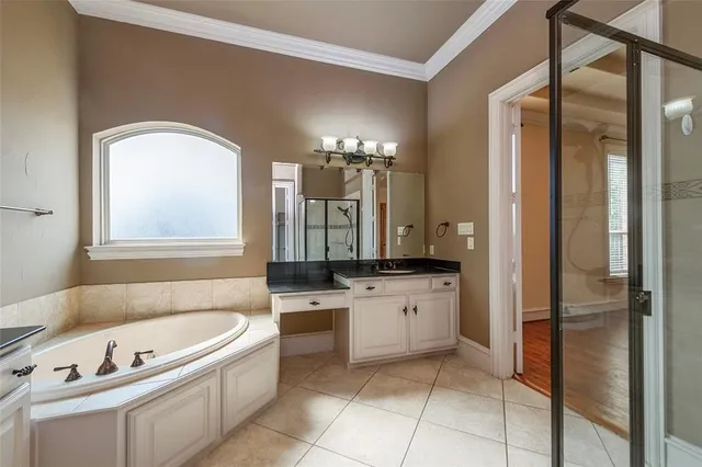 a bathroom with a tub a sink a mirror and a shower