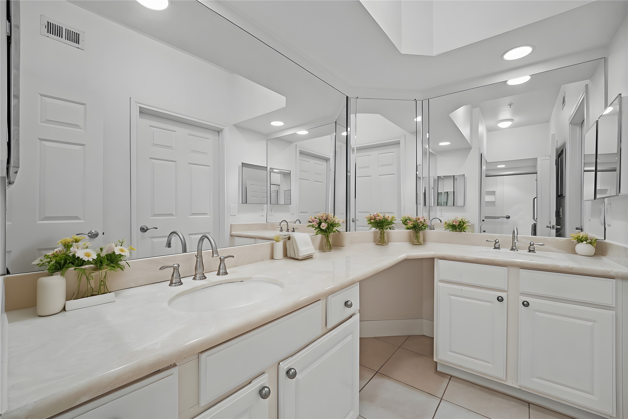 7701 Rialto Boulevard, Unit 1412 Austin, TX 78735 - Photo 19 of 30 a bathroom with a sink a faucet a potted plant and a mirror