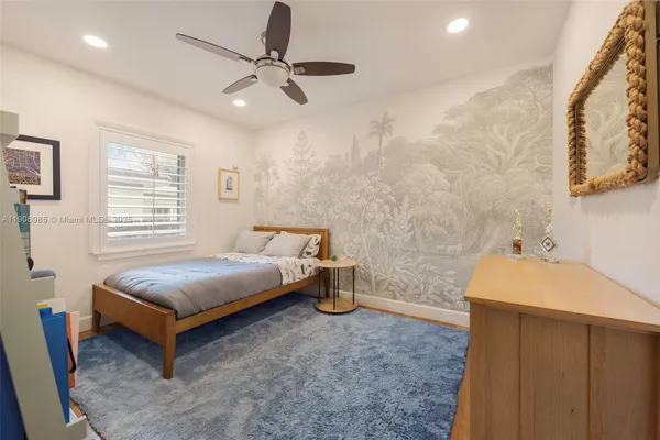 a bedroom with a bed and a table in it