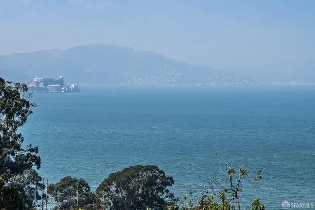 a large body of water next to a building with large trees and boats