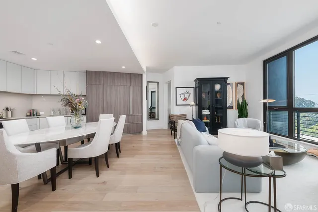a view of a dining room with furniture