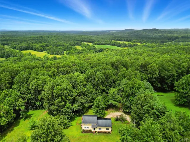 an aerial view of residential houses with outdoor space and trees