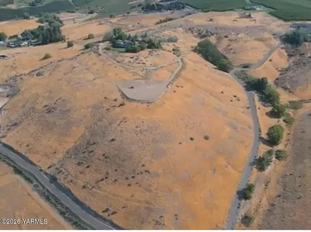 an aerial view of residential houses with outdoor space and trees