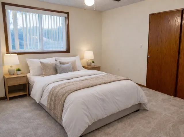 a bedroom with a bed and a window