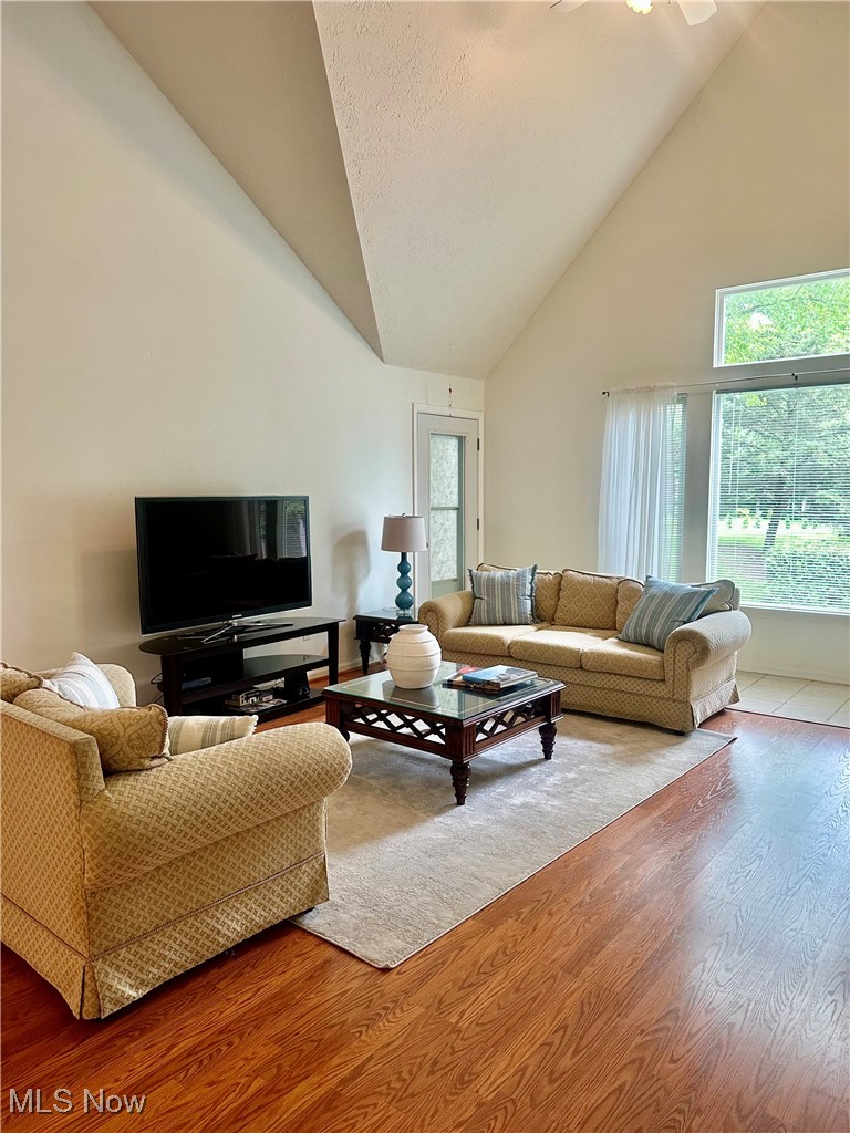 4212 Castle Ridge Akron, OH 44321 - Photo 9 of 44 Living area featuring high vaulted ceiling, plenty of natural light, wood finished floors, and a ceiling fan