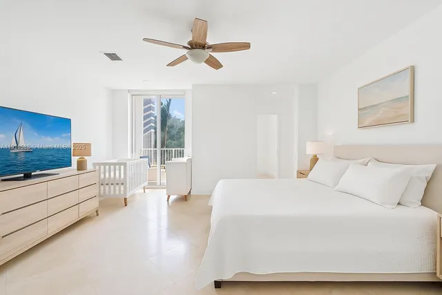 a bedroom with a large bed and a flat screen tv