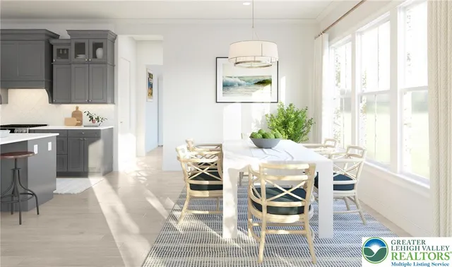 a view of a dining room with furniture window and outside view