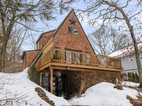 27 Ricks Road Charlestown, RI 02813 - Photo 2 of 38 Classic A frame Cottage with winter view of Watchaug Pond