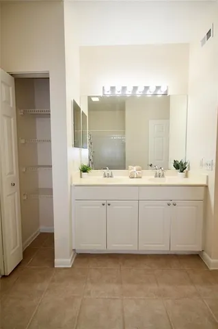 a bathroom with a sink vanity and a mirror
