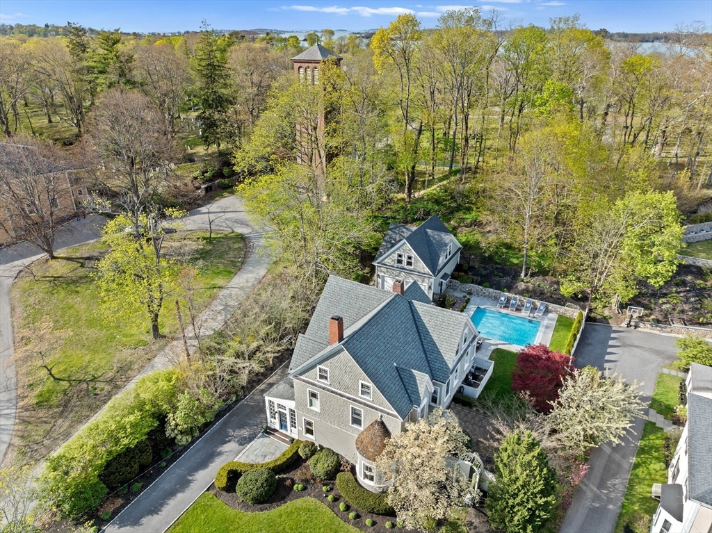 aerial view of a house with a garden