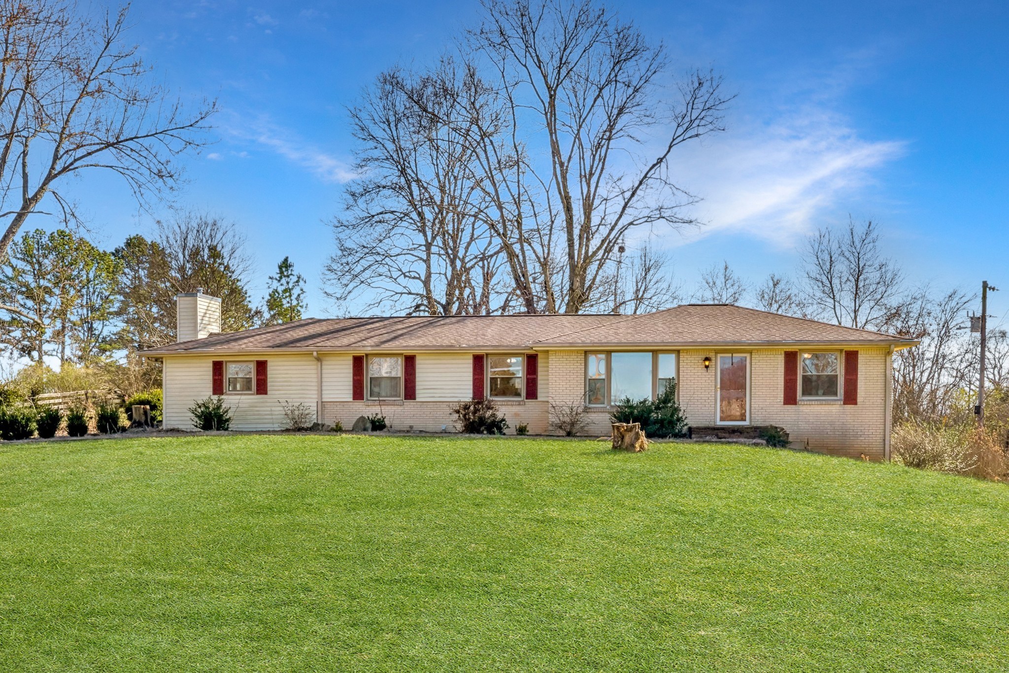 a front view of house with yard and green space
