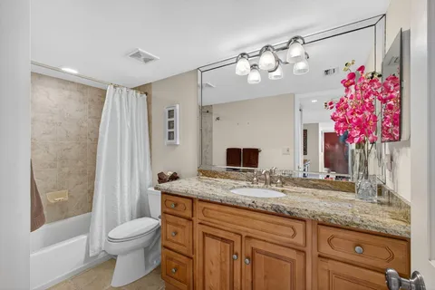 a bathroom with a granite countertop shower sink vanity mirror and toilet
