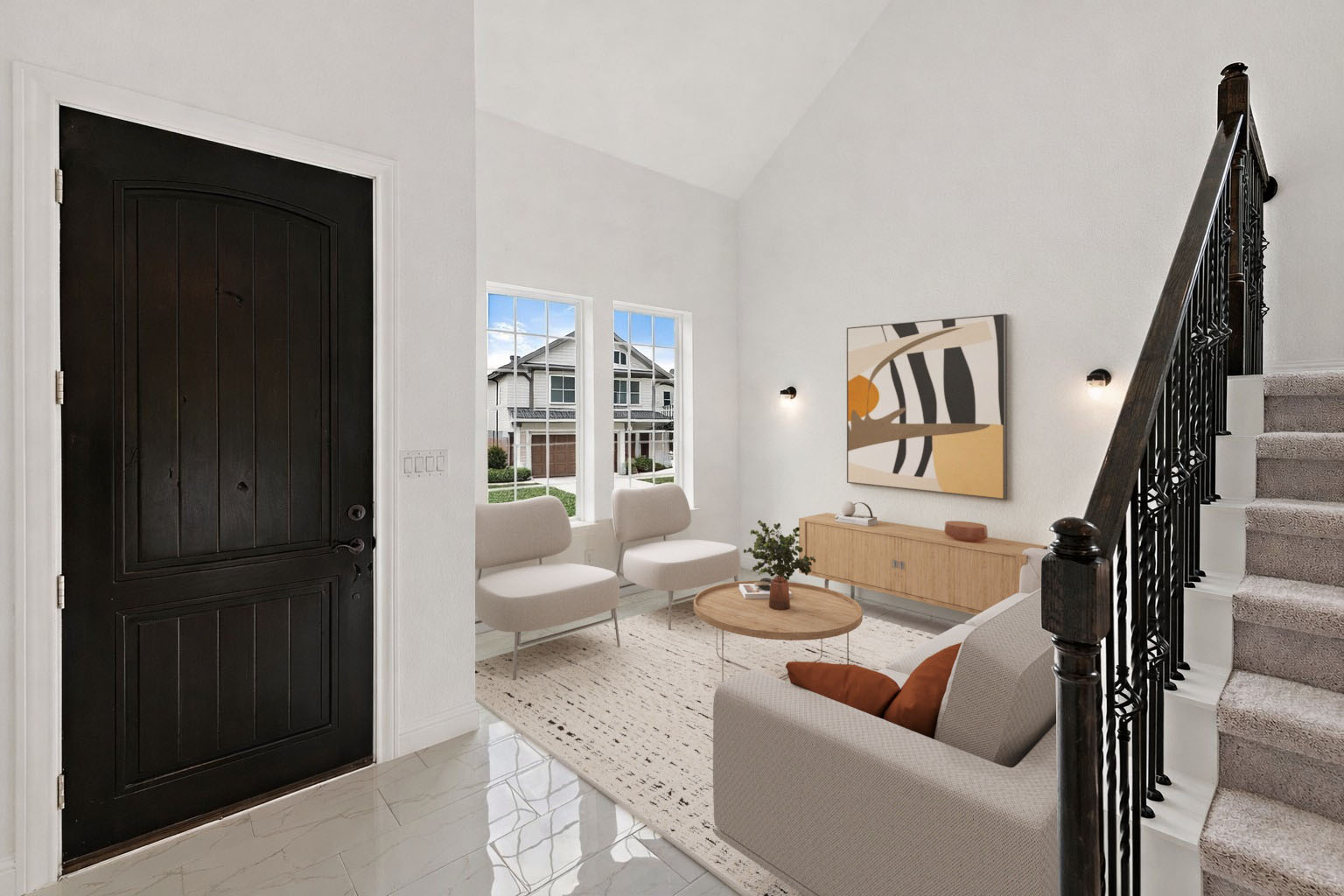 1045 Villa Rialto View Leander, TX 78641 - Photo 29 of 40 Living area with vaulted ceiling and light marble finish flooring