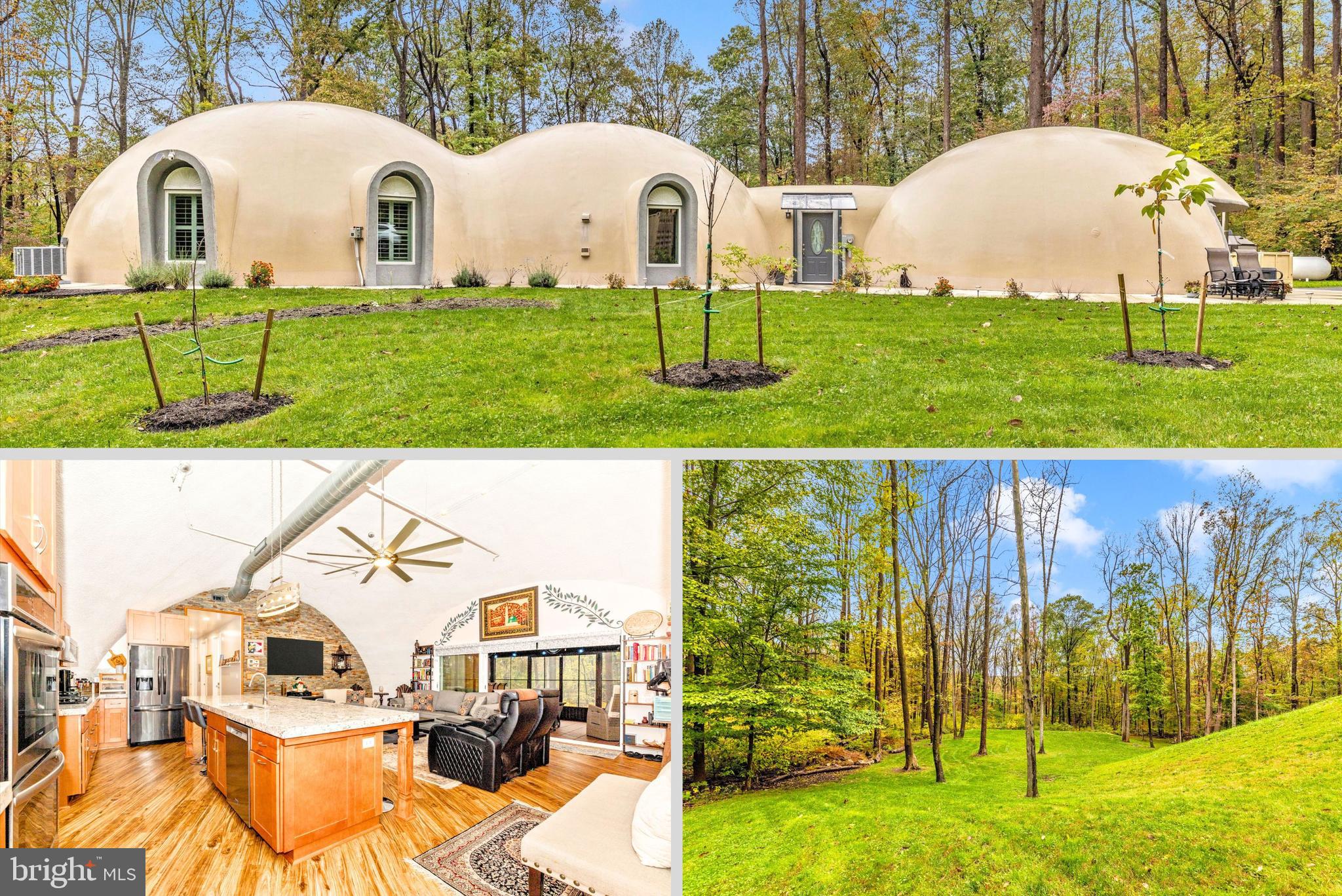 a view of a white house with a backyard